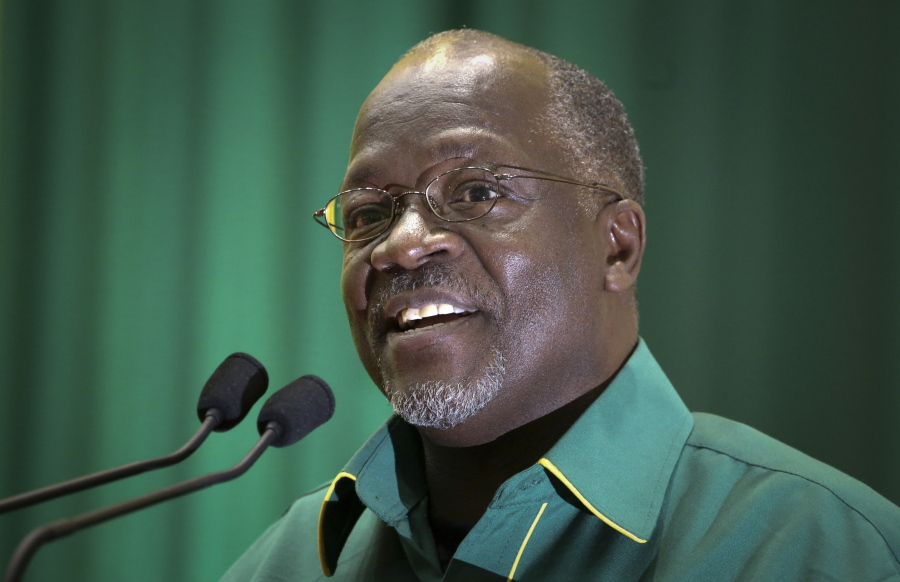 FILE - In this Saturday, July 11, 2015 file photo, Tanzania&#039;s then public works minister and presidential candidate John Magufuli speaks at an internal party poll to decide the ruling Chama Cha Mapinduzi (CCM) party&#039;s presidential candidate, which they later chose him to be, in Dodoma, Tanzania.