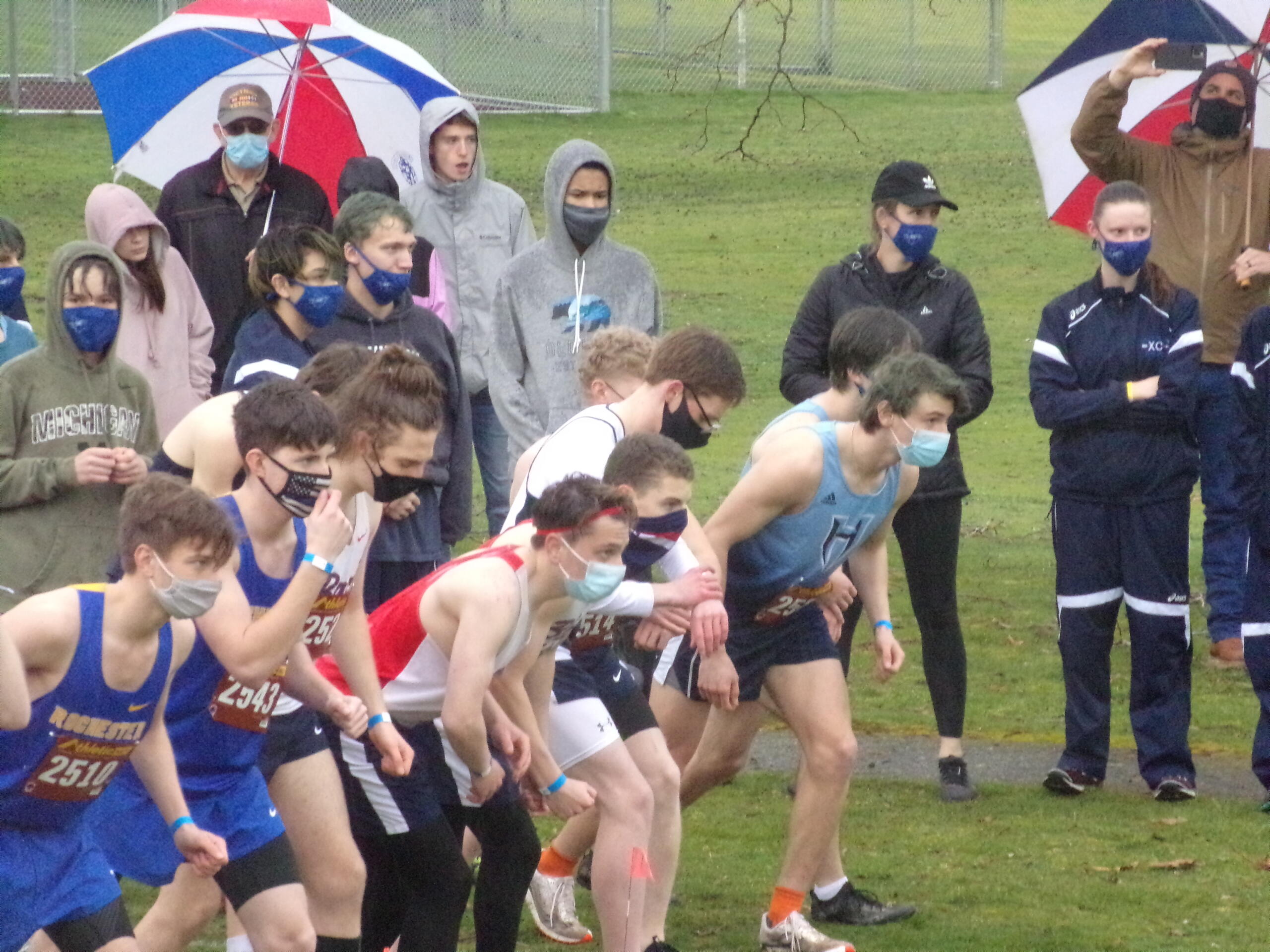 Runners await the starter's pistol at the start of the boys race at the 2A district cross country meet at Hudson's Bay High School on Thursday, March 18, 2021 (Tim Martinez/The Columbian)