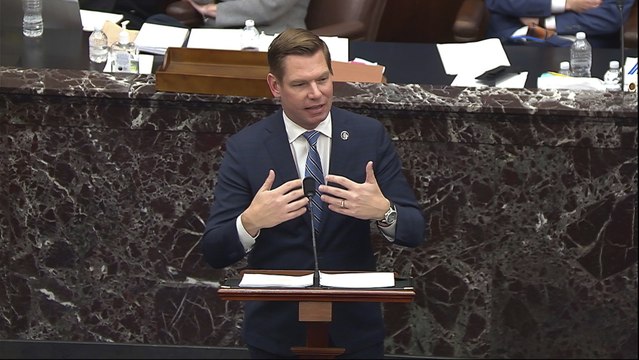In this image from video, House impeachment manager Rep. Eric Swalwell, D-Calif., speaks during the second impeachment trial of former President Donald Trump in the Senate at the U.S. Capitol in Washington, Wednesday, Feb. 10, 2021.