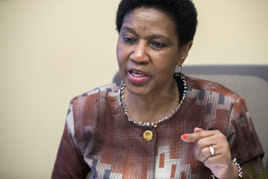 FILE - In this Wednesday, March 7, 2018 file photo, Phumzile Mlambo-Ngcuka, United Nations Under-Secretary-General and Executive Director of U.N. Women, speaks during an interview with The Associated Press, in New York. The U.N. health agency and its partners have found in a new study released Tuesday, March 9, 2021 that nearly one in three women worldwide have experienced physical or sexual violence in their lifetimes, calling the results a &quot;horrifying picture&quot; that requires action by government and communities alike.