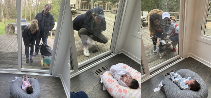 This combination of photos shows Suzy and Ricky Stone visiting with their granddaughter Gigi Guyuron through a window of their daughter Jen Guyuron&#039;s home on April 18 in Cleveland, Ohio, left, Guyuron&#039;s brother Bryan Stone visiting on March 21 center, and Jen Charet and Jason Charet visiting with Gigi on April 23.