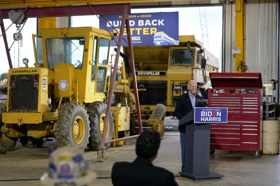 FILE - In this Sept. 30, 2020, file photo then Democratic presidential candidate Joe Biden speaks after touring International Union of Operating Engineers Local 66, in New Alexandria, Pa.