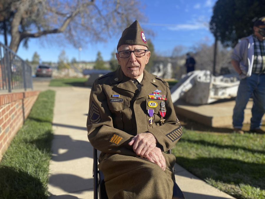 In this Feb. 22, 2021 photo, Sgt. 1st Class Marvin D. Cornett poses for a photo, in in Auburn, Calif. Cornett was awarded the Purple Heart and Bronze Star Medal during a ceremony. Cornett was assigned to Headquarters Company, 1st Battalion, 504th Parachute Infantry Regiment, 82nd Abn. Div. when he made the combat jump into Salerno, Italy and was later wounded during combat operations along the Mussolini Canal at the Anzio beachhead on Dec. 31, 1944. (U.S.