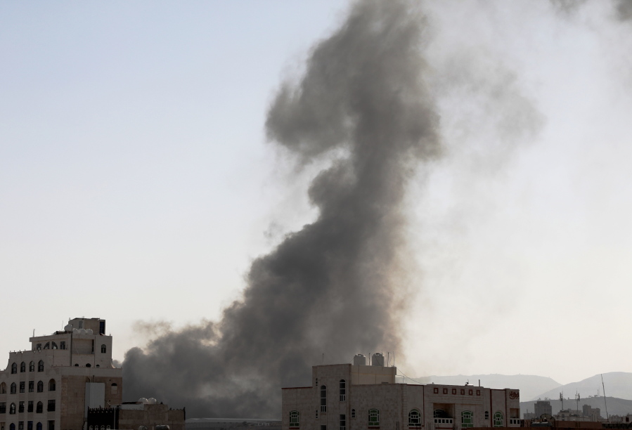 Smoke rises after Saudi-led airstrikes on an army base in Sanaa, Yemen, Sunday, Mar. 7, 2021. The Saudi-led coalition fighting Iran-backed rebels in Yemen said Sunday it launched a new air campaign on the war-torn country&#039;s capital and on other provinces. The airstrikes come as retaliation for recent missile and drone attacks on Saudi Arabia that were claimed by the Iranian-backed rebels.