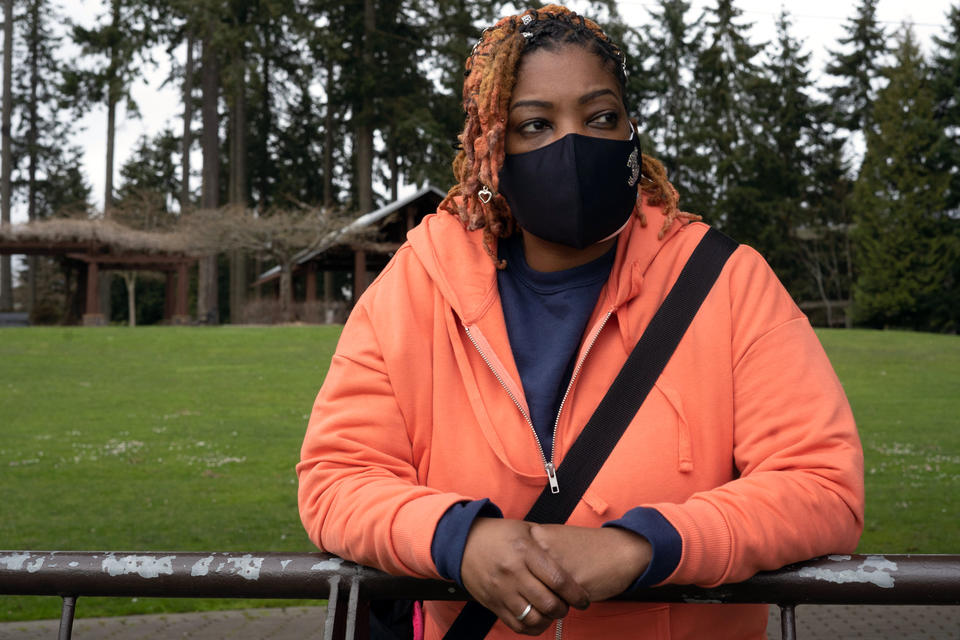 Michelle McClendon, a Community Resource Consultant at Simply United Together, photographed at Angle Lake Park in SeaTac, Wash., on March 24, 2020. (Matt M.