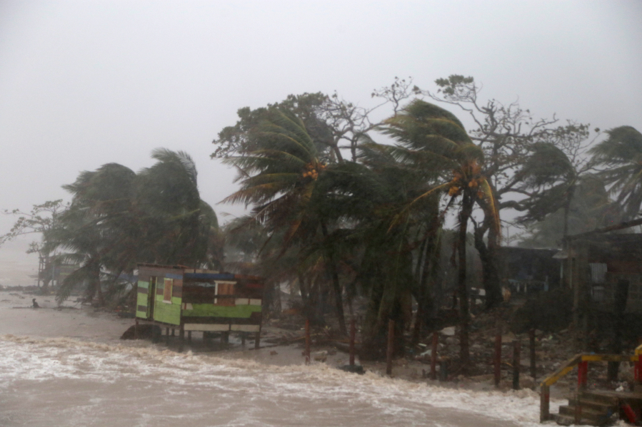 Palm trees are blown by strong winds as Nicaragua braces for Hurricane Iota on Nov. 16, in Puerto Cabezas.