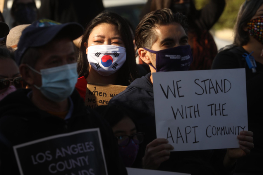 ALHAMBRA, CA - MARCH 26, 2021 - - Around 200 residents, students and Alhambra and San Gabriel city leaders participate in a rally to denounce anti-Asian sentiment, racism and hate crimes that have been exacerbated by the COVID-19 pandemic in Alhambra on March 26, 2021.