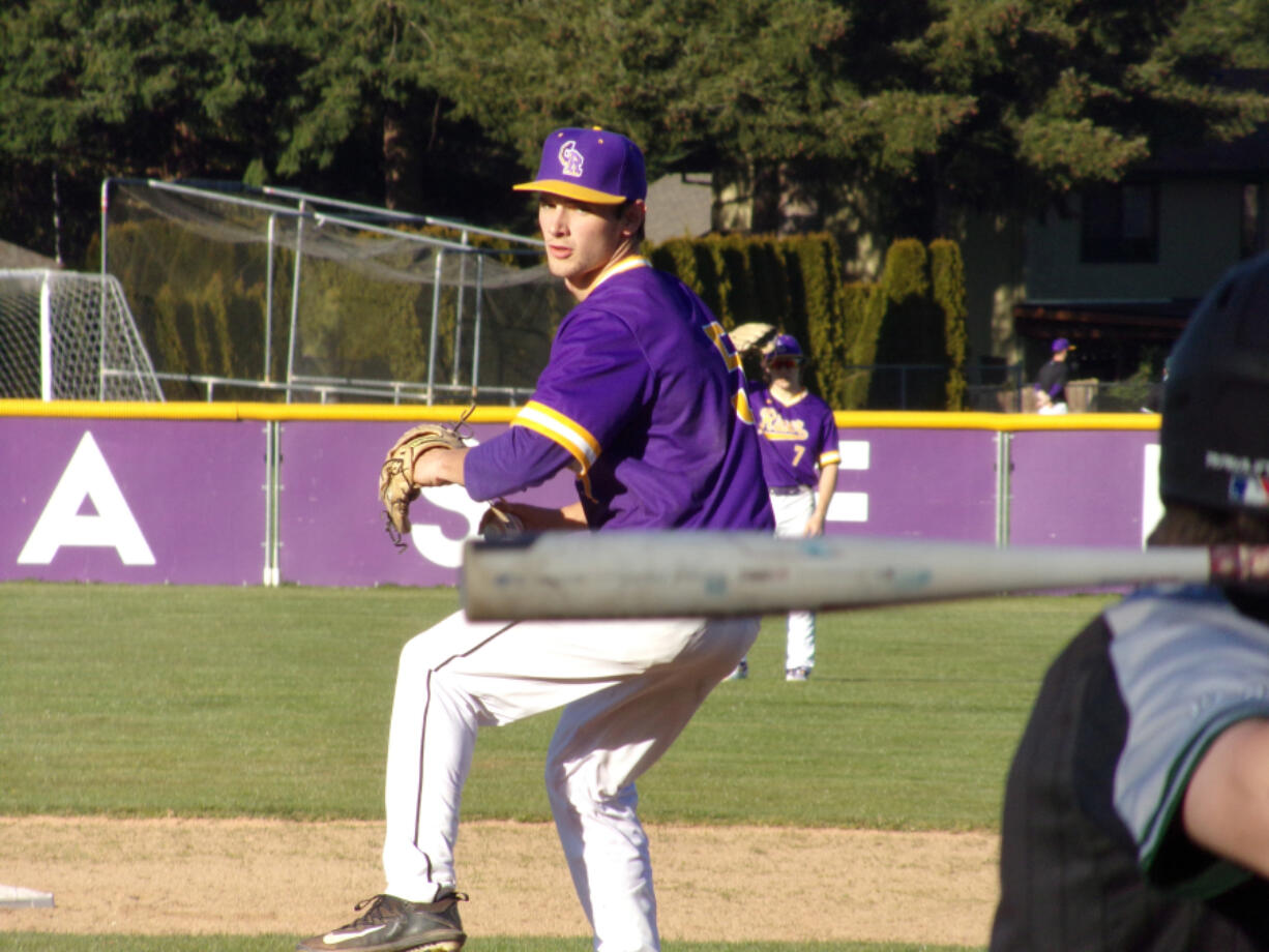 Columbia River senior Nick Alder struck out 11 in a two-hit shutout as River beat Woodland 13-0 in five innings on April 12, 2021 (Tim Martinez/The Columbian)