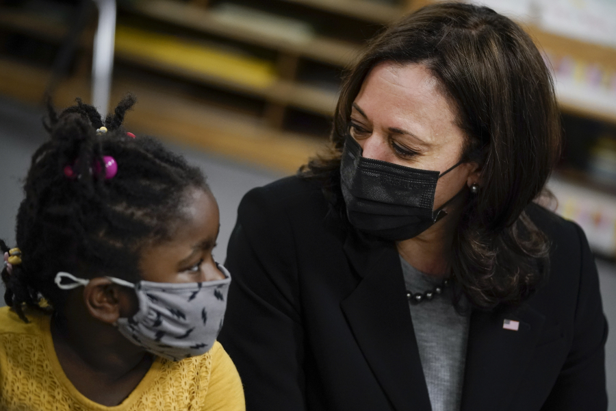 U.S. Vice President Kamala Harris visits with students in a pre-school classroom at West Haven Child Development Center on March 26, 2021 in West Haven, Connecticut.