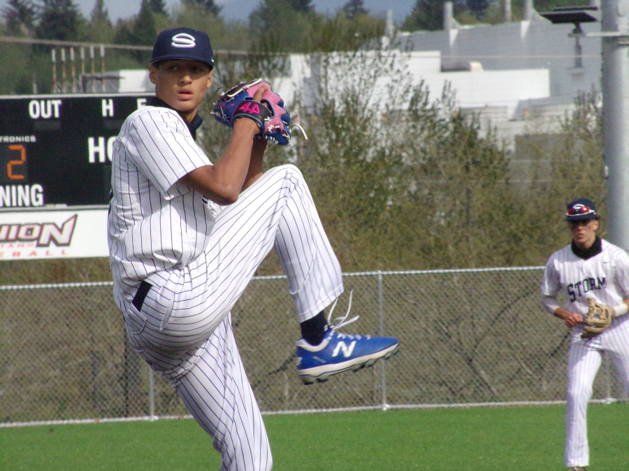 Skyview pitcher Caden Vire delivers a pitch in the Storm'is 5-2 win over Mountain View in the 4A/3A Greater St.