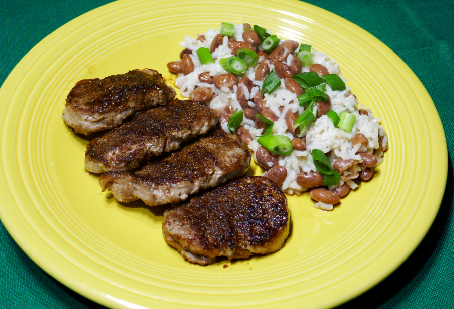 Jerk Pork with Coconut Rice and Beans.