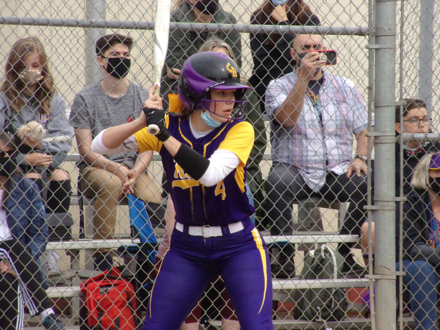 Columbia River's Sophie Reyes awaits the pitch during the third inning Friday against Woodland. She would hit a three-run home run later in the at-bat.