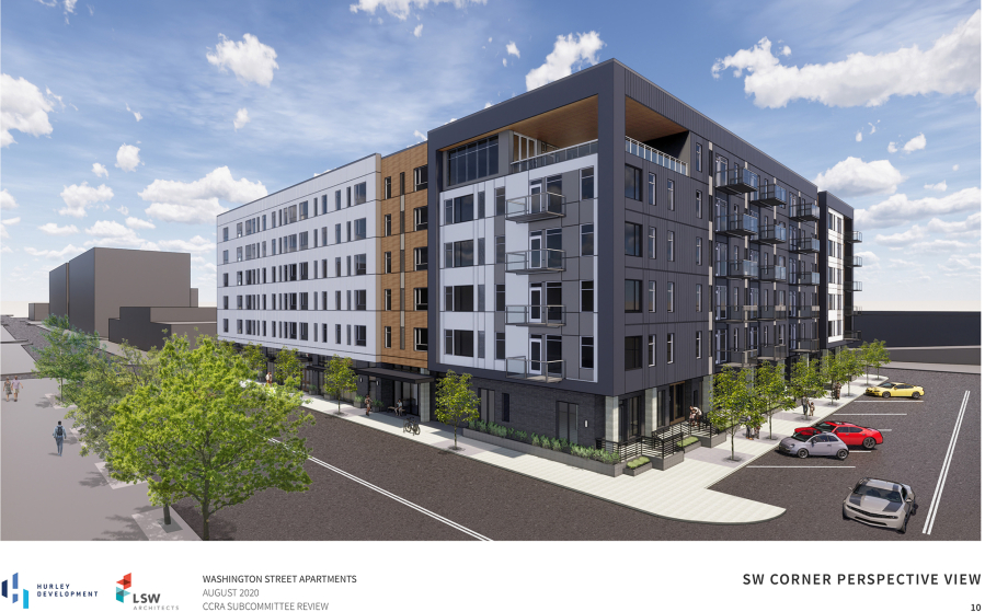 Conceptual renderings show the proposed Washington Street Apartments project in downtown Vancouver from Hurley Development. The apartment complex is planned to rise on a lot between Columbia, Washington, West Fifth and West Fourth streets.