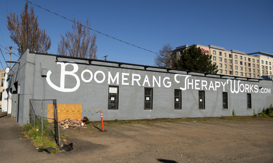 Boomerang Therapy Works is moving to a new location next month because its current building is set to be demolished to make way for an apartment building. The taped-off section of the exterior wall was where a car drove into the building recently.