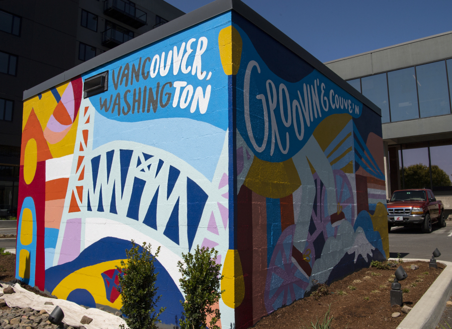 Riff Creative Studio, a design offshoot of LSW Architects, conceptualized and painted this colorful mural, located on a trash enclosure structure across from Vancouver City Hall, last week.