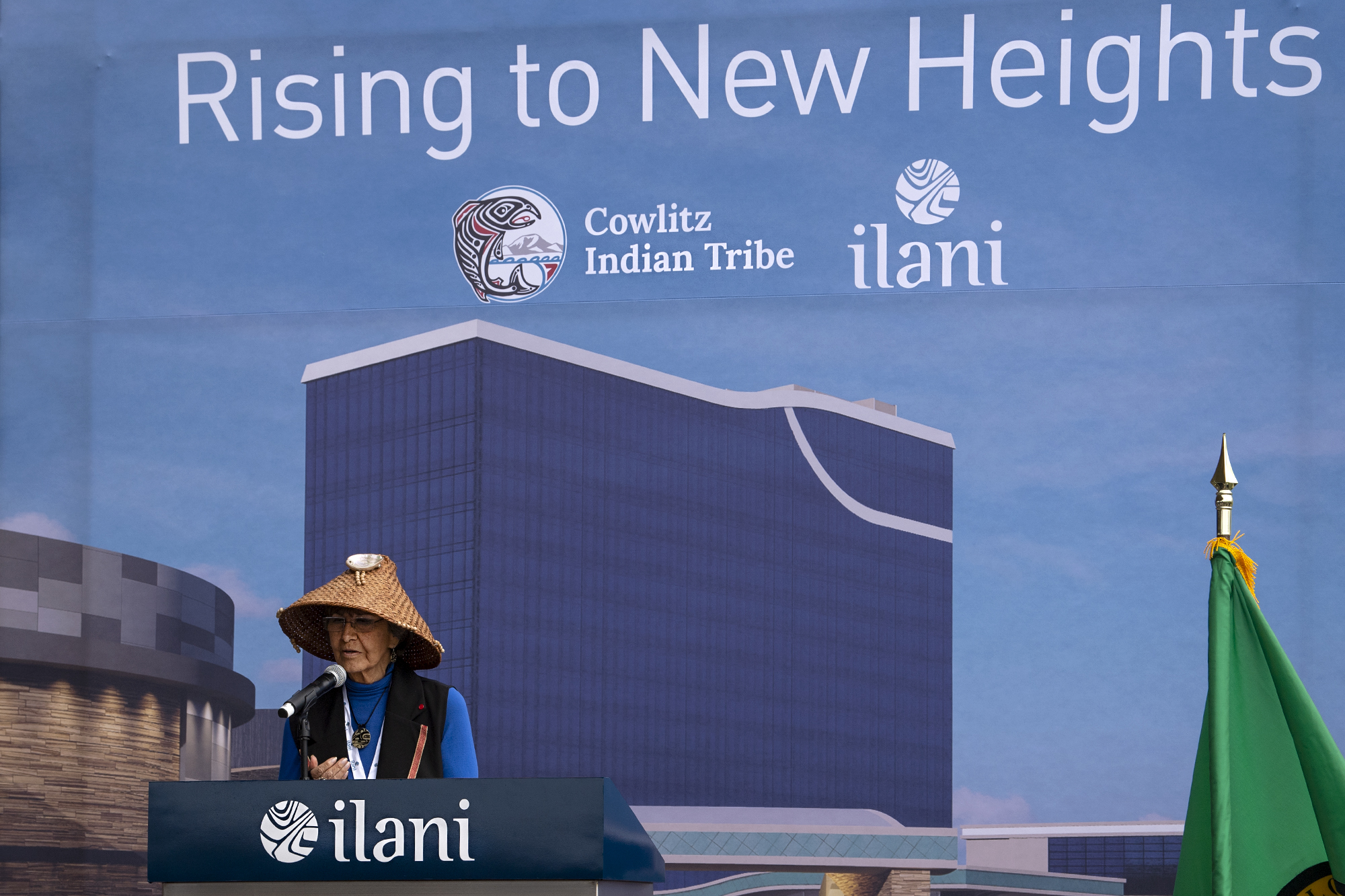 Tanna Engdahl, Cowlitz Elder and Spiritual Leader, gives a blessing on Friday, April 23, 2021, at the ilani on the Cowlitz Indian Reservation. The casino broke ground Friday on a 14-story luxury hotel.