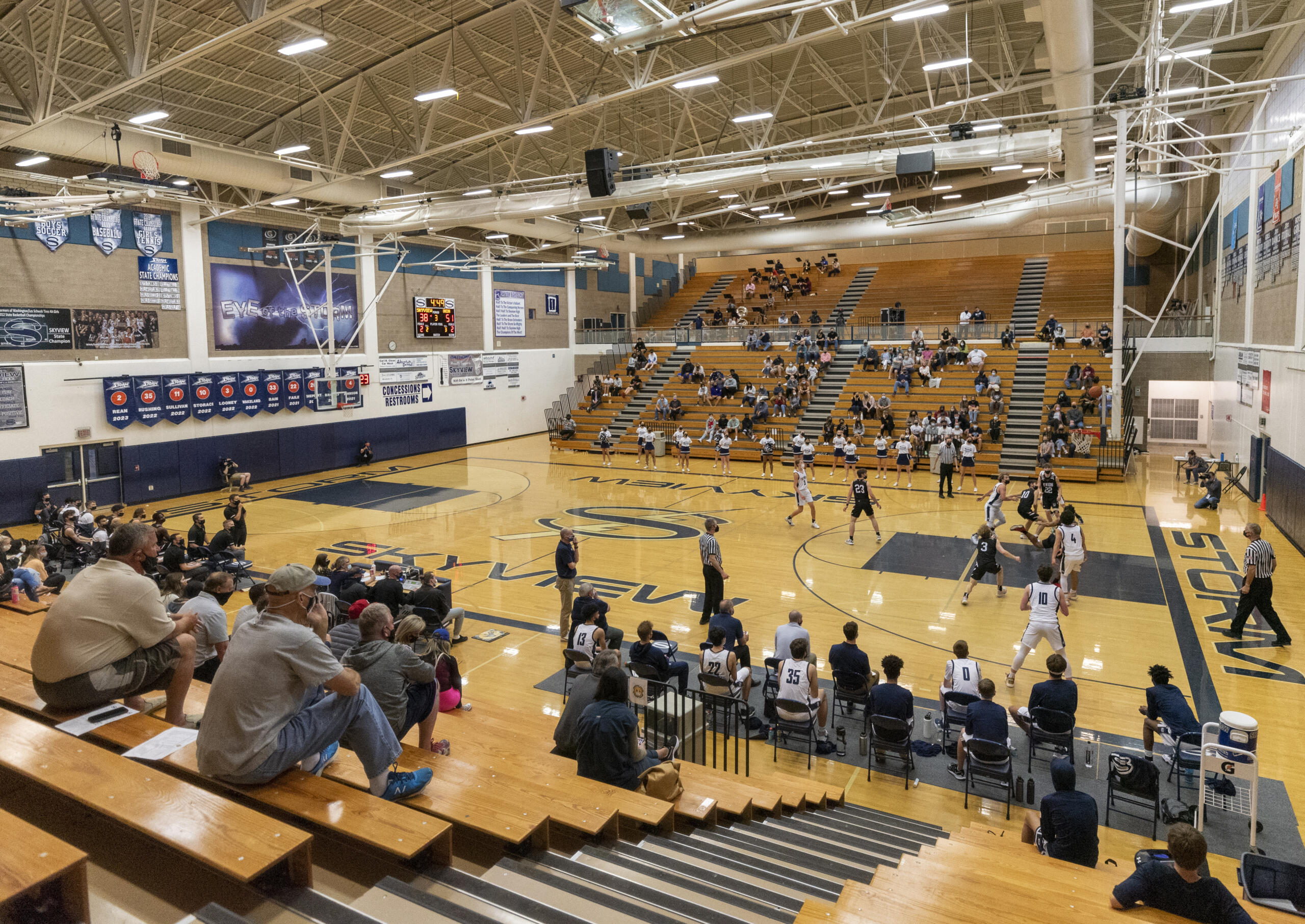 Fans watch the basketball game between Skyview and Union on Tuesday, April 27, 2021, at Skyview High School.(Taylor Balkom/for The Columbian)