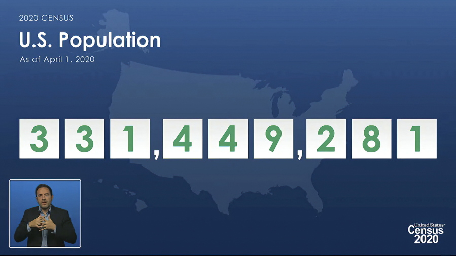 In this image from video provided by the U.S. Census Bureau, acting director of the U.S. Census Bureau Ron Jarmin speaks as a graphic showing the U.S. population as of April 1, 2020, is displayed during a virtual news conference Monday, April 26, 2021. The Census Bureau is releasing the first data from its 2020 headcount. (U.S.