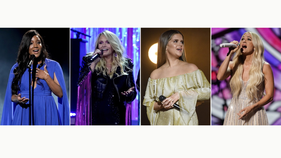 This combination photo shows Mickey Guyton, from left, Miranda Lambert, Maren Morris and Carrie Underwood performing at the 56th annual Academy of Country Music Awards in Nashville, Tenn. The awards show aired on April 18 with both live and prerecorded segments. Underwood brought the Academy of Country Music Awards to church. Morris won two honors, including song of the year, Lambert performed three times and held onto her record as the most decorated winner in ACM history and Guyton, the first Black woman to host the awards show, gave a powerful, top-notch vocal performance.