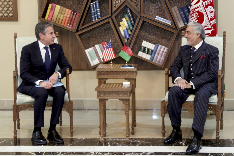 Abdullah Abdullah, Chairman of the High Council for National Reconciliation, right, meets with U.S. Secretary of State Antony Blinken, at the Sapidar Palace in Kabul, Afghanistan, Thursday, April 15, 2021. Blinken made an unannounced visit to Afghanistan on Thursday to sell Afghan leaders and a wary public on President Joe Biden's decision to withdraw all American troops from the country and end America's longest-running war.