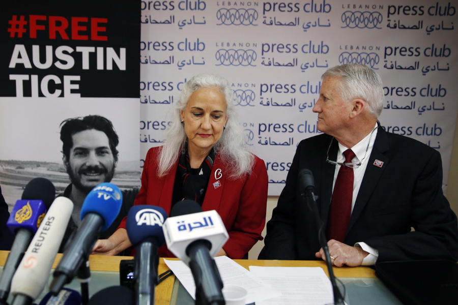 FILE - In this Dec. 4, 2018, file photo Marc and Debra Tice, the parents of Austin Tice, who is missing in Syria, speak during a press conference, at the Press Club, in Beirut, Lebanon. Talks between U.S. and Syrian officials last summer over the fate of Austin Tice and other American hostages foundered over conditions laid out by Damascus and because of a lack of meaningful information provided on the fate of Tice. That&#039;s according to people who spoke to The Associated Press in recent weeks about the secretive talks last August.