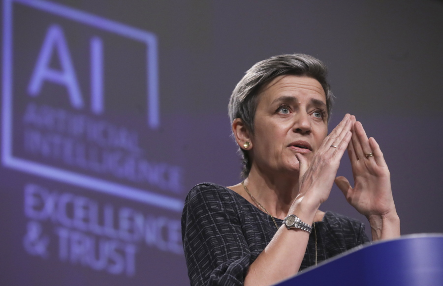 European Commissioner for Europe fit for the Digital Age Margrethe Vestager speaks during a media conference on an EU approach to artificial intelligence, following a weekly meeting of EU Commissioners, at EU headquarters in Brussels, Wednesday, April 21, 2021.