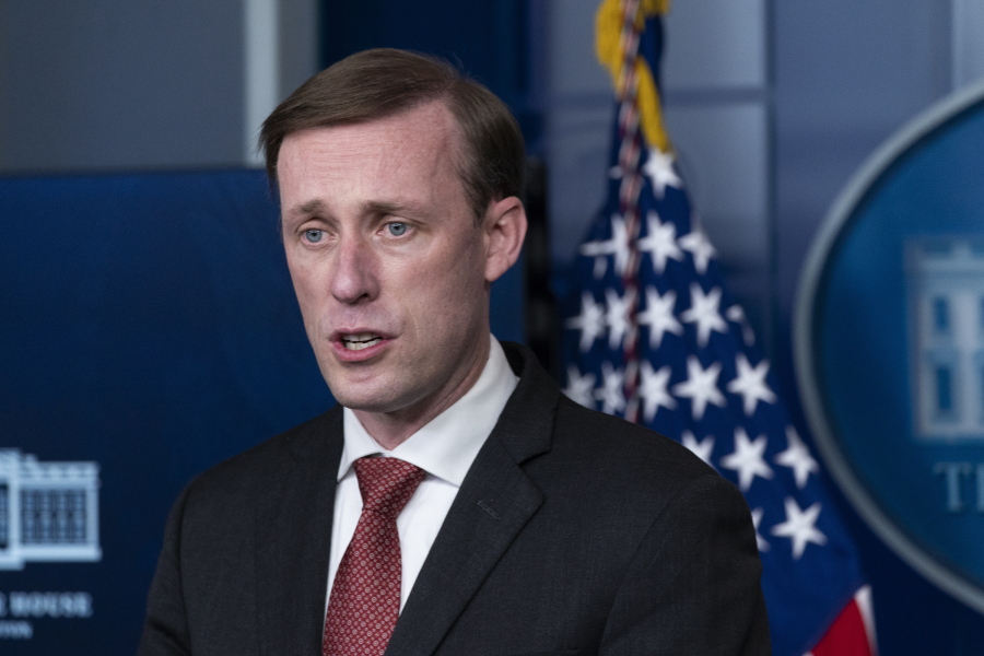 National Security Adviser Jake Sullivan speaks with reporters in the James Brady Press Briefing Room at the White House, Friday, March 12, 2021, in Washington.