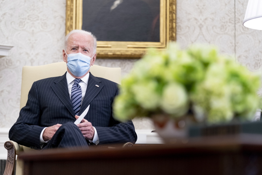 President Joe Biden meets with members of congress to discuss his jobs plan in the Oval Office of the White House in Washington, Monday, April 19, 2021.