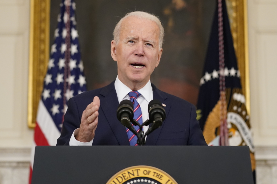 President Joe Biden speaks about the March jobs report in the State Dining Room of the White House, Friday, April 2, 2021, in Washington.