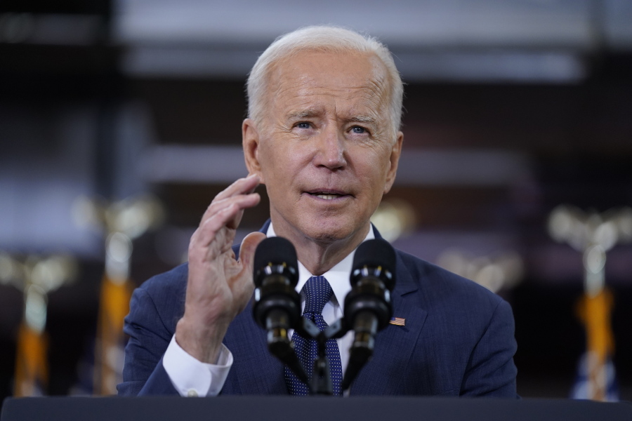 FILE - In this March 31, 2021, file photo President Joe Biden delivers a speech on infrastructure spending at Carpenters Pittsburgh Training Center in Pittsburgh.