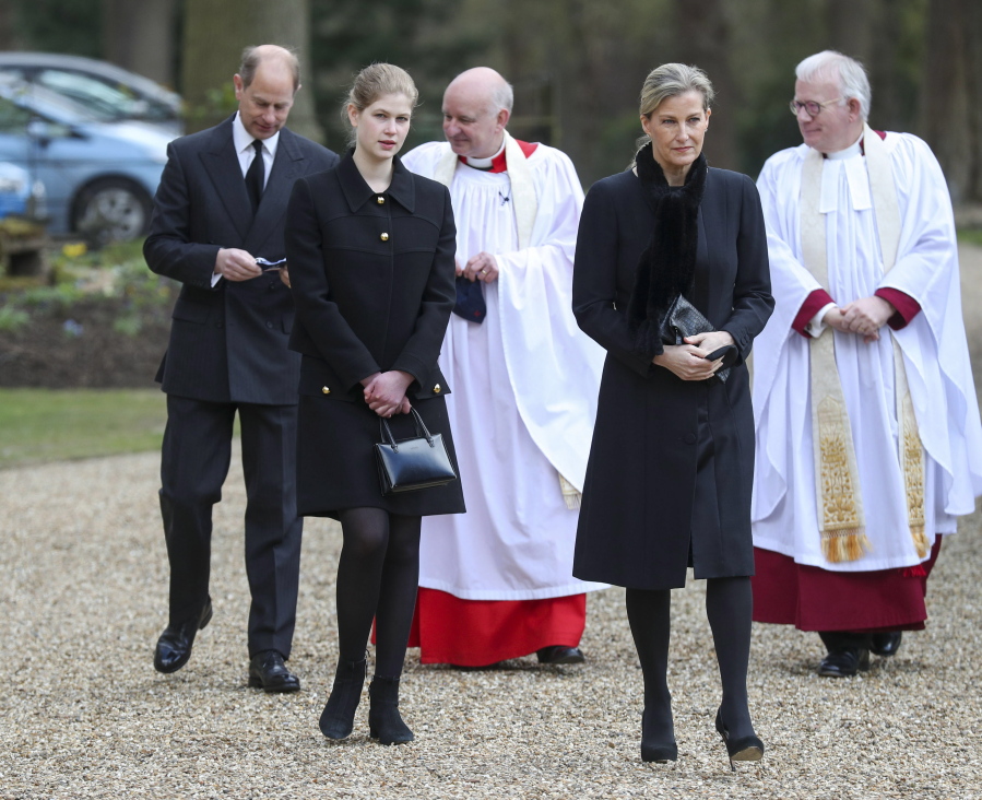 Britain&#039;s Prince Edward, Sophie Countess of Wessex and their daughter Lady Louise Windsor, attend the Sunday service at the Royal Chapel of All Saints at Royal Lodge, Windsor, following the announcement of Prince Philip, in England, Sunday, April 11, 2021. Britain&#039;s Prince Philip, the irascible and tough-minded husband of Queen Elizabeth II who spent more than seven decades supporting his wife in a role that mostly defined his life, died on Friday.