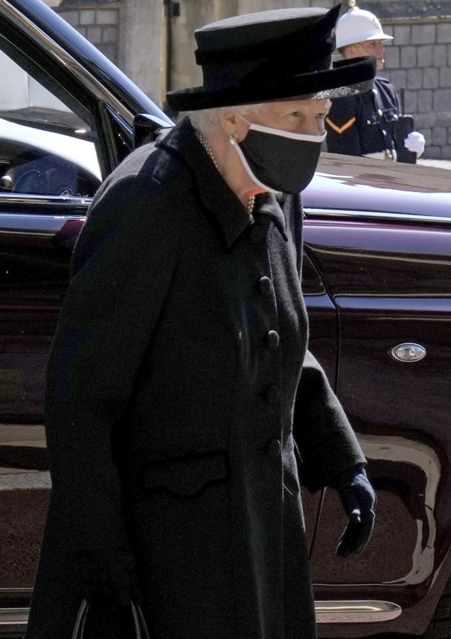 Britain's Queen Elizabeth II arrives ahead of Britain Prince Philip's funeral at Windsor Castle, Windsor, England, Saturday April 17, 2021. Prince Philip died April 9 at the age of 99 after 73 years of marriage to Britain's Queen Elizabeth II.