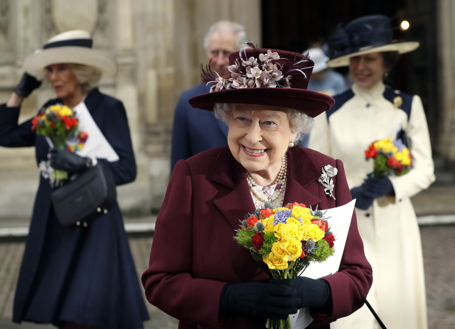 FILE - In this Monday, March 12, 2018 file photo, Britain's Queen Elizabeth II leaves after attending the Commonwealth Service at Westminster Abbey in London.