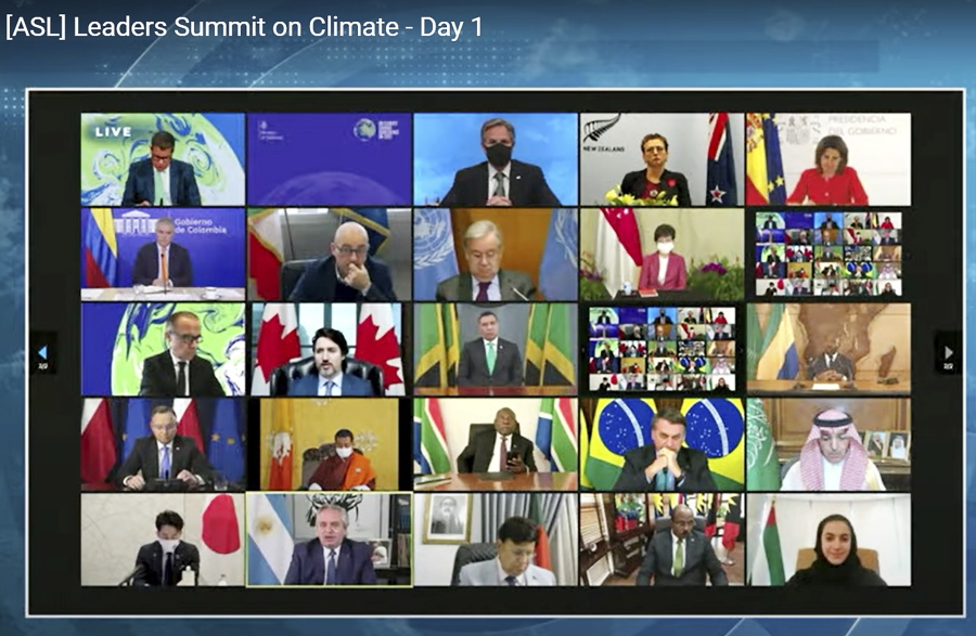 In this image from video world leaders participate in the White House Climate Leaders Summit via Zoom Thursday, April 22, 2021. The U.S. opened Thursday's summit, which is being held virtually by livestream because of the pandemic, with an ambitious pledge to cut by at least one-half the climate-wrecking coal and petroleum fumes that America is pumping out.