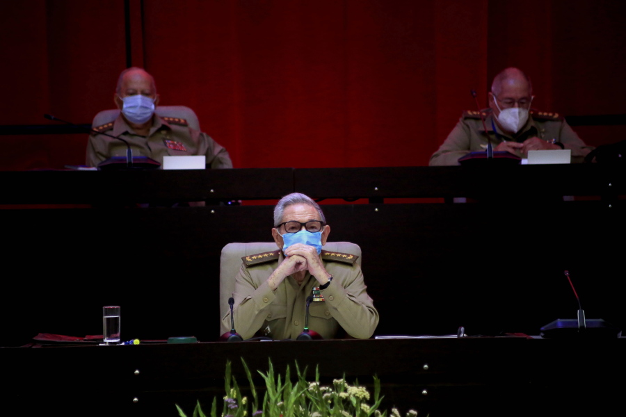 Raul Castro, first secretary of the Communist Party and former president, attends the VIII Congress of the Communist Party of Cuba's opening session, at the Convention Palace in Havana, Cuba, Friday, April 16, 2021.
