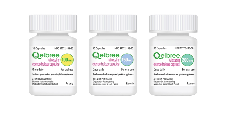 This undated image provided by Supernus Pharmaceuticals in April 2021 shows bottles for different dosages of the drug Qelbree. On Friday, April 2, 2021, the U.S. Food and Drug Administration approved the medication for treating attention deficit hyperactivity disorder in children ages six through 17.