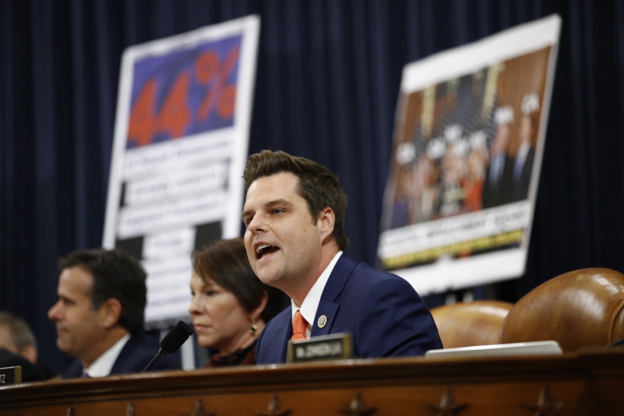 FILE - In this Dec. 11, 2019, file photo Rep. Matt Gaetz, R-Fla., gives his opening statement during a House Judiciary Committee markup of the articles of impeachment against President Donald Trump on Capitol Hill in Washington.