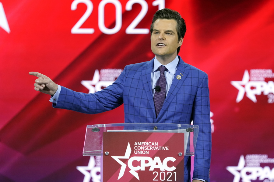FILE - In this Feb. 26, 2021, file photo, Rep. Matt Gaetz, R-Fla.,, speaks at the Conservative Political Action Conference (CPAC) in Orlando, Fla.