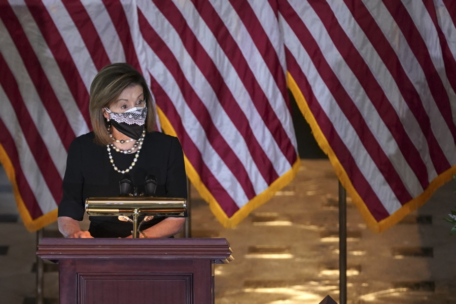 House Speaker Nancy Pelosi of Calif., speaks during a Celebration of Life for Rep. Alcee Hastings, D-Fla., in Statuary Hall on Capitol Hill in Washington, Wednesday, April 21, 2021. Hastings died earlier this month, aged 84, following a battle with pancreatic cancer.
