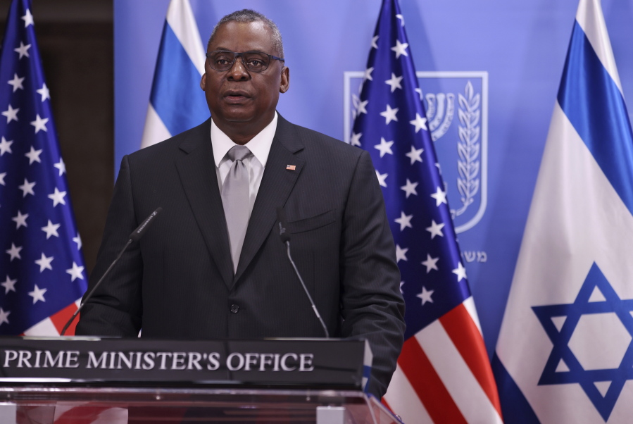 U.S. Defense Secretary Lloyd Austin and Israeli Prime Minister Benjamin Netanyahu  give statements after their meeting, at the prime minister&#039;s office, in Jerusalem, Monday, April 12, 2021.