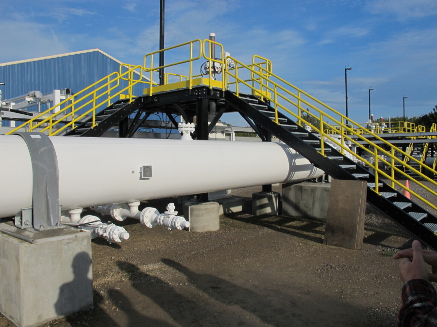 This photo taken in October 2016 shows an aboveground section of Enbridge's Line 5 at the Mackinaw City, Mich., pump station. Michigan Gov. Gretchen Whitmer has ordered the pipeline shut down because of concerns about a potential spill in the channel that connects Lake Huron and Lake Michigan. Enbridge is resisting the order with the support of Canadian officials who say Line 5 is essential to their economy. The disagreement comes months after U.S.
