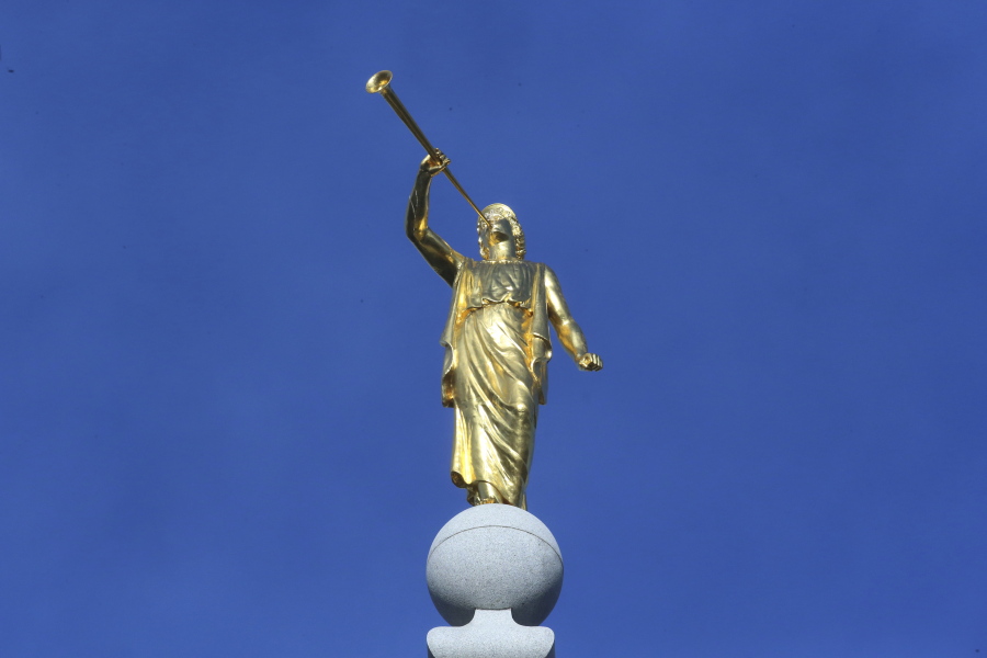 The angel Moroni statue sits atop the Salt Lake City temple during the The Church of Jesus Christ of Latter-day Saints&#039; conference in Salt Lake City.