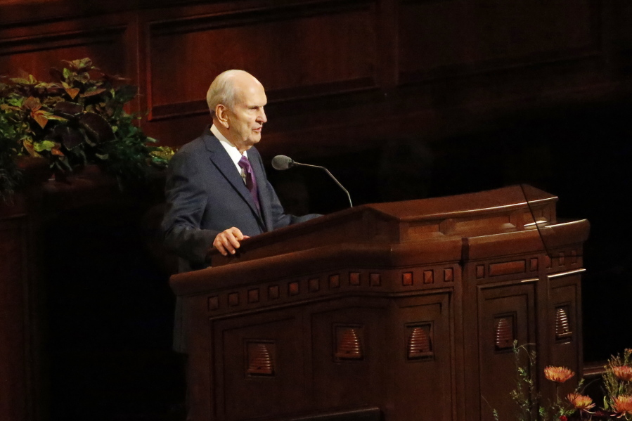 FILE - In this Oct. 5, 2019 file photo, President Russell M. Nelson speaks during The Church of Jesus Christ of Latter-day Saints&#039; twice-annual church conference  in Salt Lake City.  For the third consecutive time, The Church of Jesus Christ of Latter-day Saints will hold its signature conference this weekend without attendees in person as the faith continues to take precautions amid the pandemic.  Members of the Utah-based faith will instead watch on TVs, computers and tablets from their homes around the world Saturday, April 3, 2021 to hear spiritual guidance from the religion&#039;s top leaders, who will be delivering the speeches in Salt Lake City.
