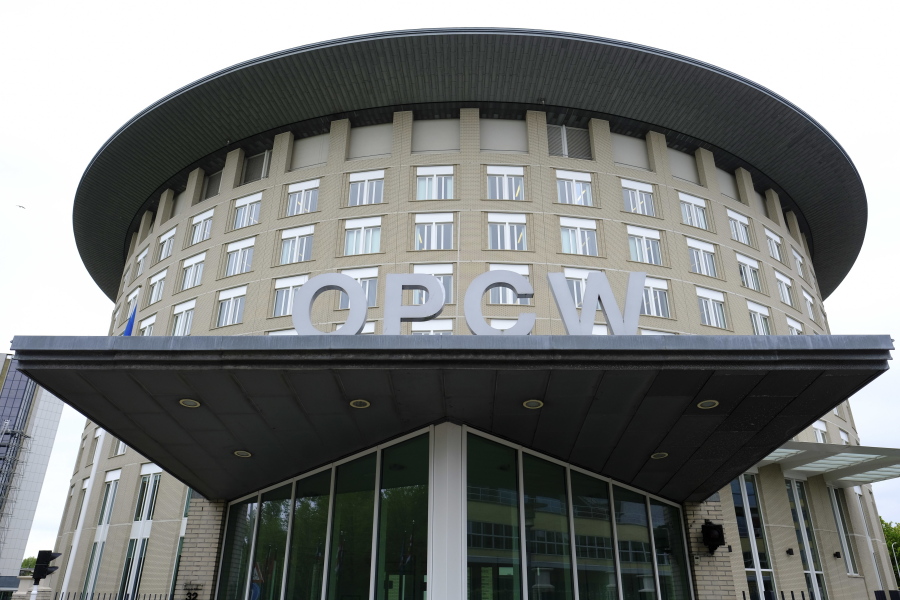 FILE - This Friday May 5, 2017 file photo shows the headquarters of the Organisation for the Prohibition of Chemical Weapons (OPCW), The Hague, Netherlands.