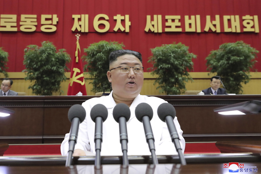 In this photo provided by the North Korean government, North Korean leader Kim Jong Un delivers a closing speech at the Sixth Conference of Cell Secretaries of the Workers&#039; Party of Korea in Pyongyang, North Korea, Thursday, April 8, 2021. Independent journalists were not given access to cover the event depicted in this image distributed by the North Korean government. The content of this image is as provided and cannot be independently verified. Korean language watermark on image as provided by source reads: &quot;KCNA&quot; which is the abbreviation for Korean Central News Agency.