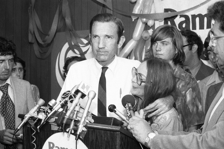 FILE - In this Wednesday, Sept. 14, 1976 file photo, Ramsey Clark, Democratic candidate for the U.S. Senate, center, speaks at Lincoln Center in New York. Ramsey Clark, the attorney general in the Johnson administration who became an outspoken activist for unpopular causes and a harsh critic of U.S. policy, has died, Friday, April 9, 2021. He was 93.