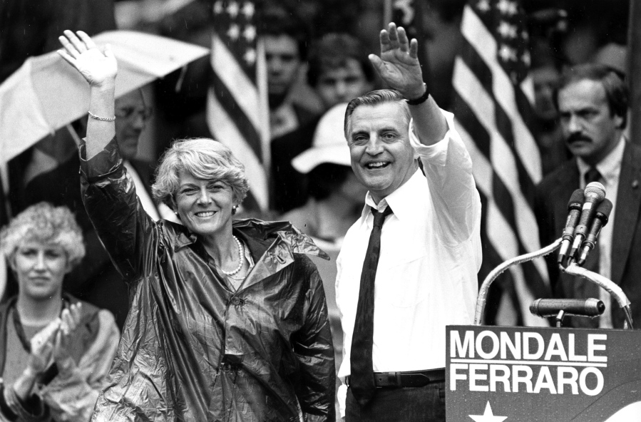 FILE - In this Wednesday, Sept. 5, 1984, file photo, Democratic presidential candidate Walter Mondale and his running mate, Geraldine Ferraro, wave as they leave an afternoon rally in Portland, Ore. Mondale, a liberal icon who lost the most lopsided presidential election after bluntly telling voters to expect a tax increase if he won, died Monday, April 19, 2021. He was 93.