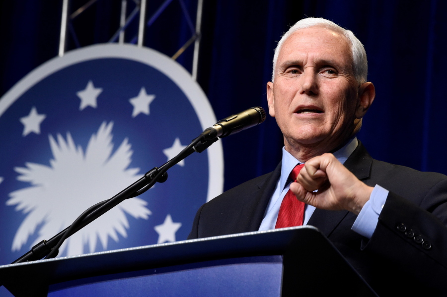 In his first public speech since leaving office, former Vice President Mike Pence speaks at a dinner hosted by Palmetto Family on Thursday, April 29, 2021, in Columbia, S.C.