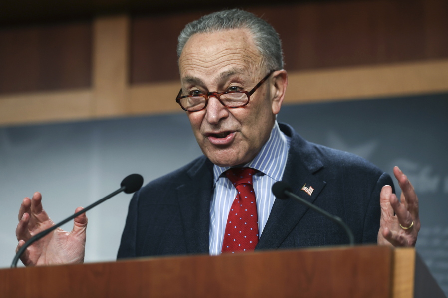 Senate Majority Leader Chuck Schumer of New York,  holds a news conference, Thursday, March 25, 2021 on Capitol Hill in Washington.