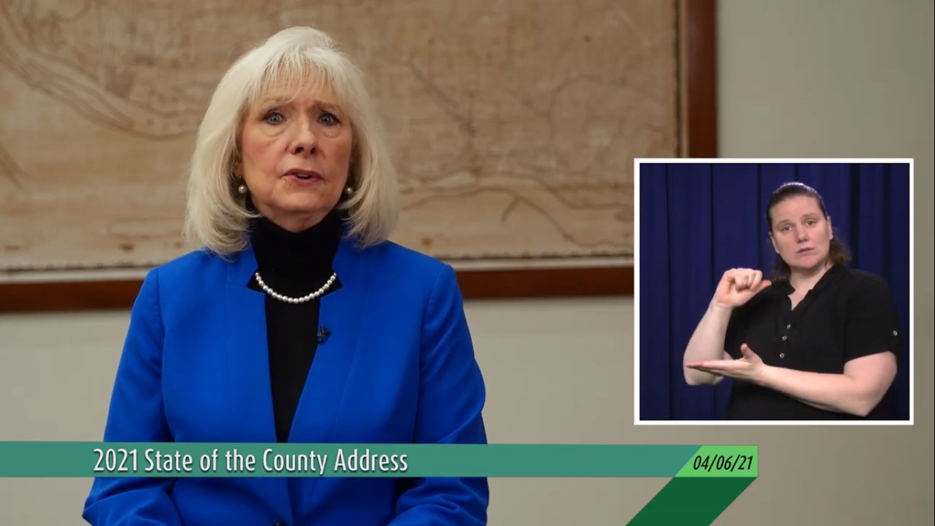 Clark County Council Chair Eileen Quiring O'Brien delivers the annual State of the County address virtually Tuesday night from the Public Service Center in Vancouver.